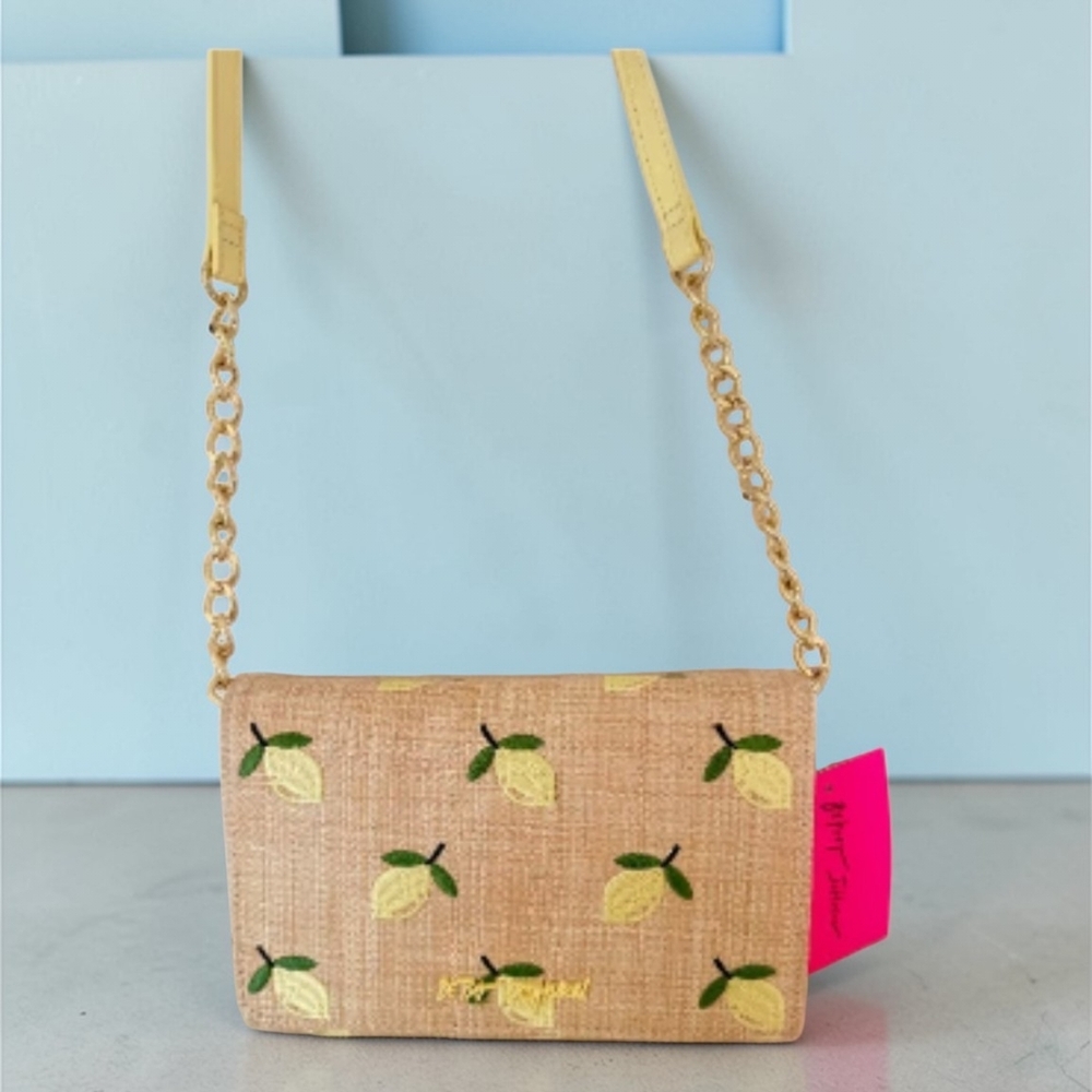 NWT Betsey Johnson Tan Rafia Lemon Bag with Gold Chain